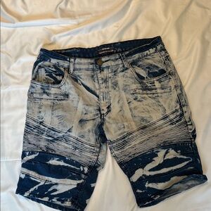 Vintage Label Stylish Blue and White Distressed Jean Shorts